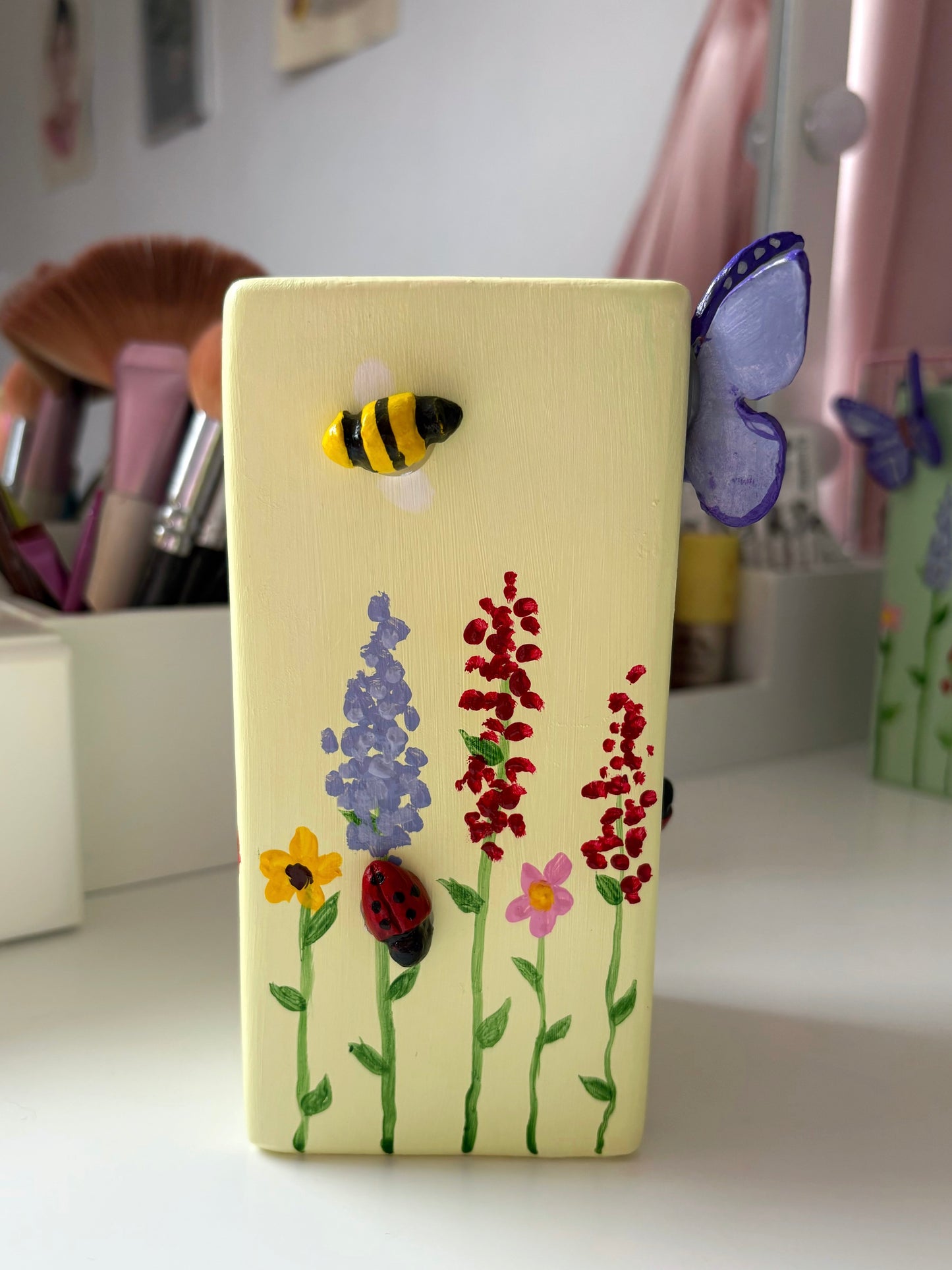 3D pastel wildlife vases, with hand painted wild flowers, clay bees, butterflies and ladybug, spring vase