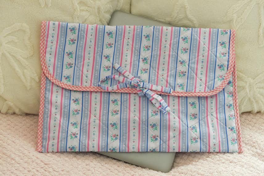 Blue and Pink Floral Quilted Laptop Sleeve with Pink Gingham Trim