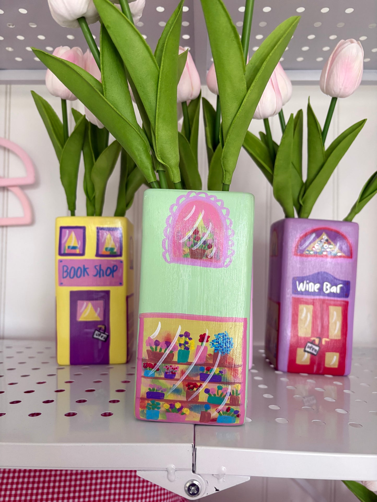 One of a Kind Pastel Green Flower Shop Hand Painted Vase