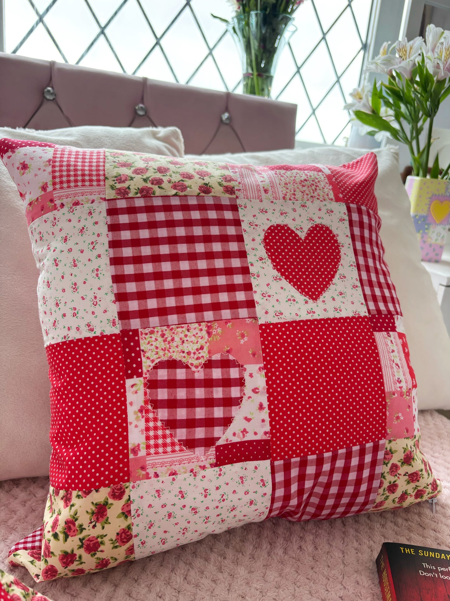 Handmade Heart Appliqué Patchwork Cushion