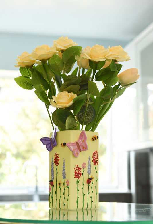 3D pastel wildlife vases, with hand painted wild flowers, clay bees, butterflies and ladybug, spring vase