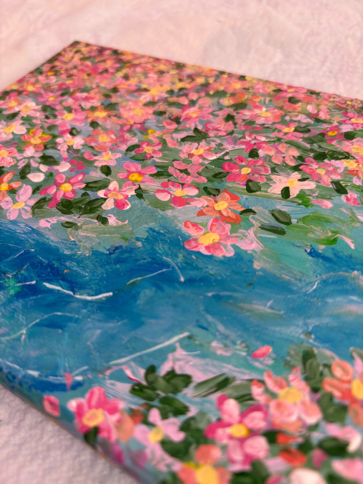 Original hand painted acrylic flower art with lake on canvas