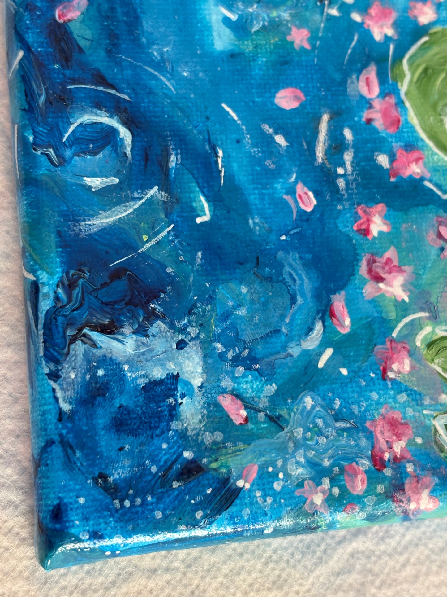 Original hand painted acrylic water and Lily pads with flowers art on canvas