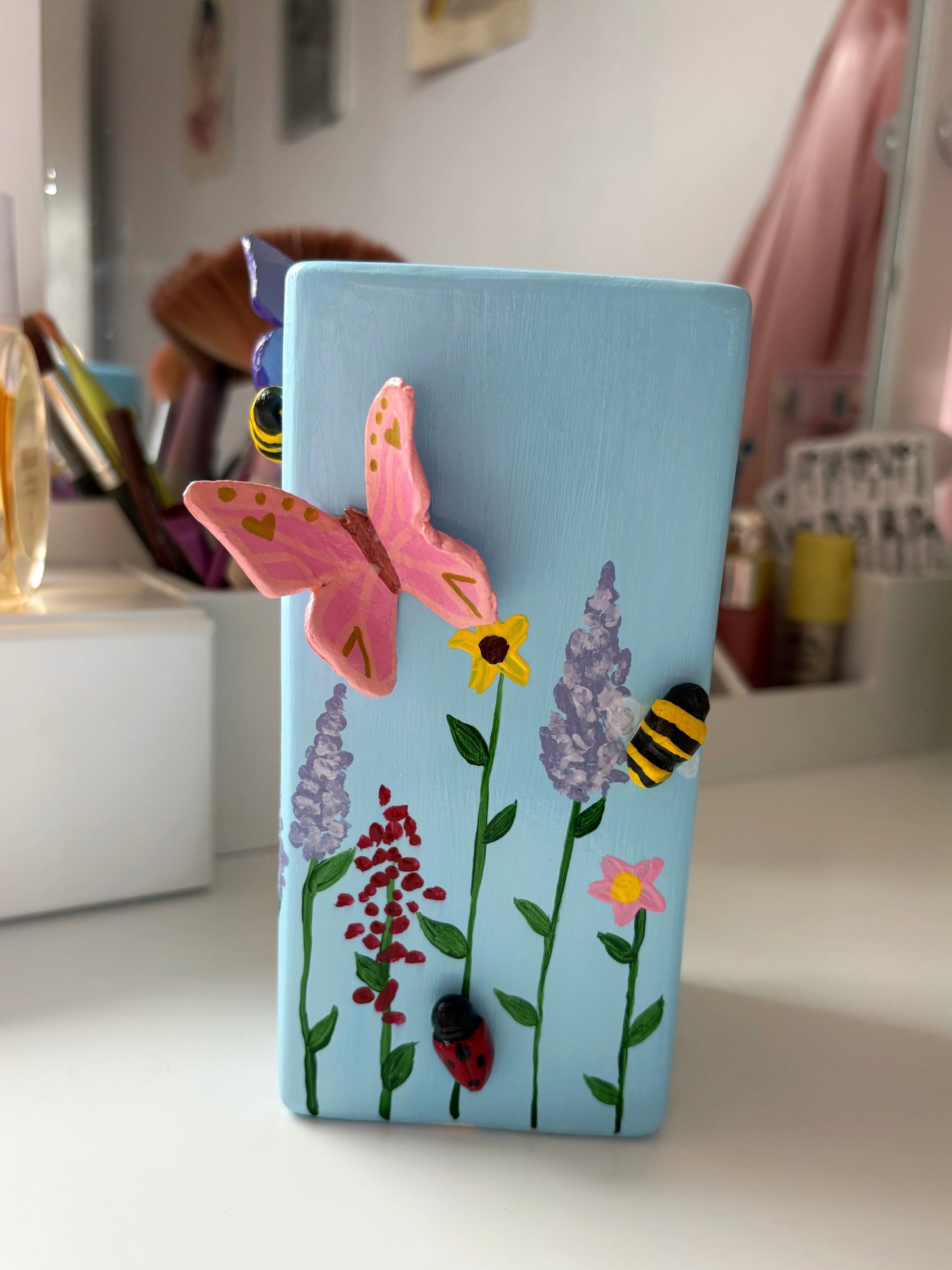 3D pastel wildlife vases, with hand painted wild flowers, clay bees, butterflies and ladybug, spring vase