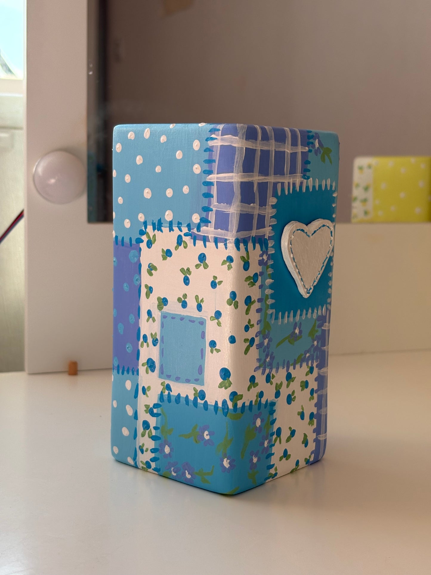 Hand painted patch work quilt vase with 3d heart and floral patterns