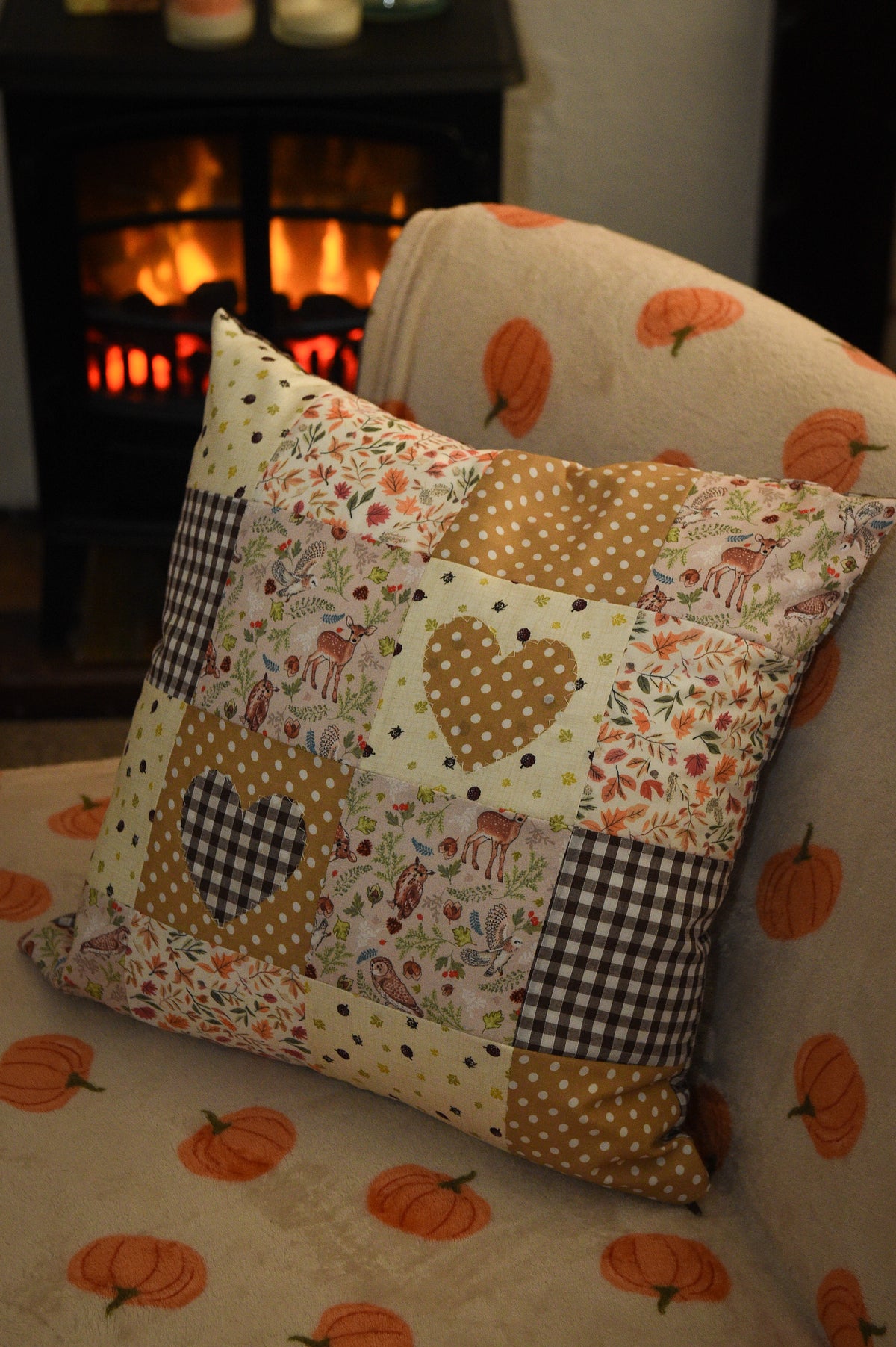 Handmade Autumn Heart Appliqué Patchwork Cushion