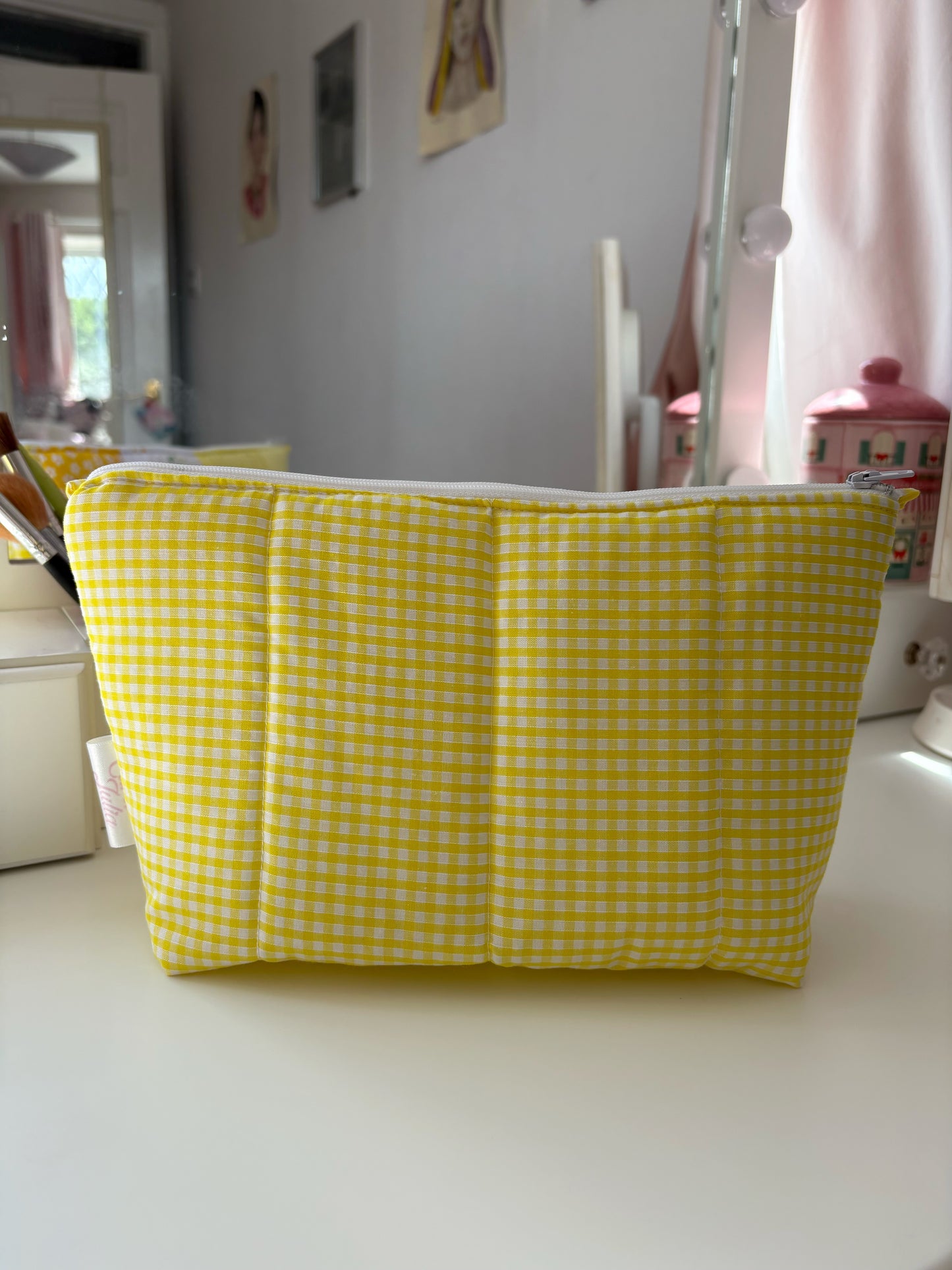 Handmade Floral Patchwork Quilted Makeup Bag with Gingham