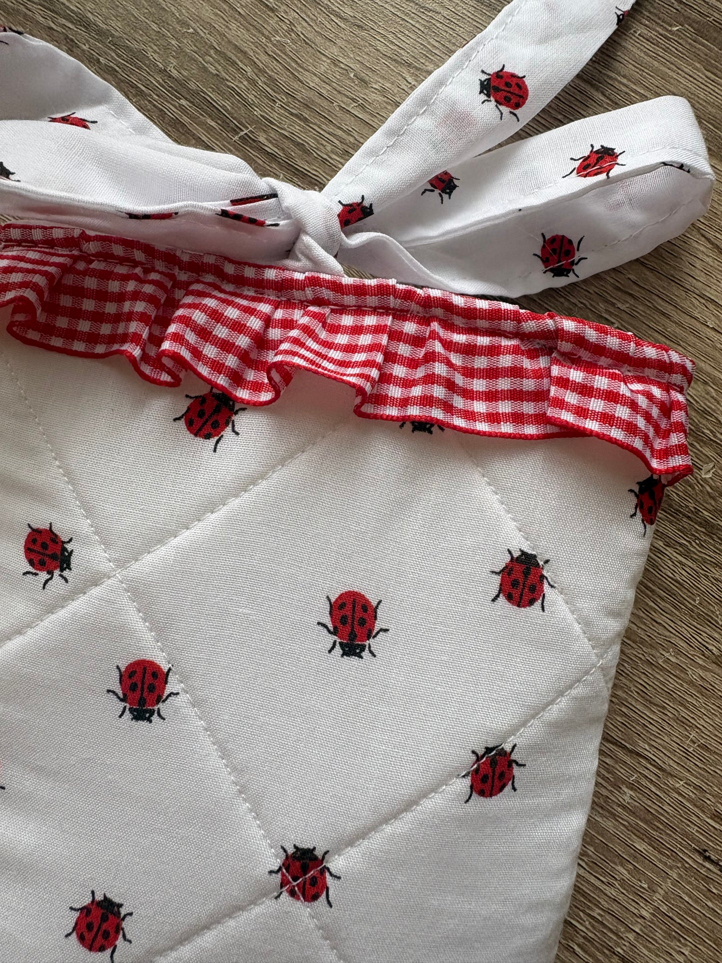 Red and white ladybug quilted kindle sleeve with red gingham frill