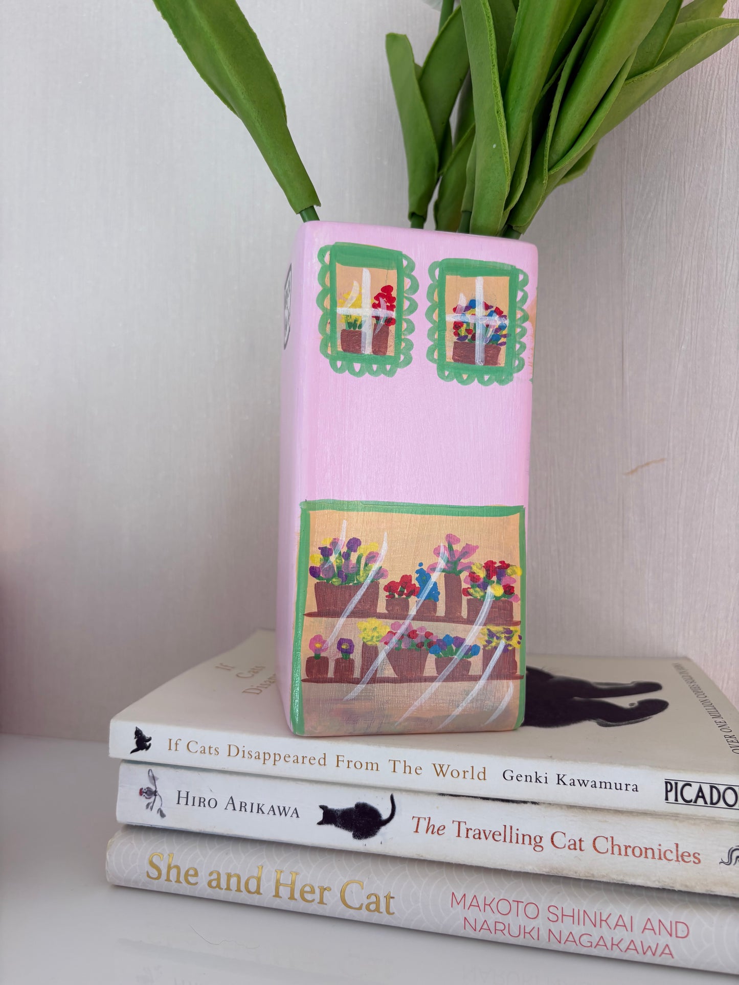 One of a Kind Pink Flower Shop Hand Painted Vase