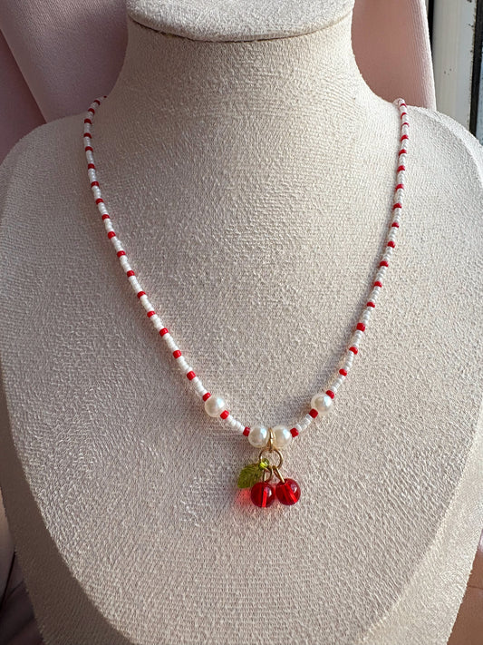 Pearl Beaded Cherry Red and White Necklace
