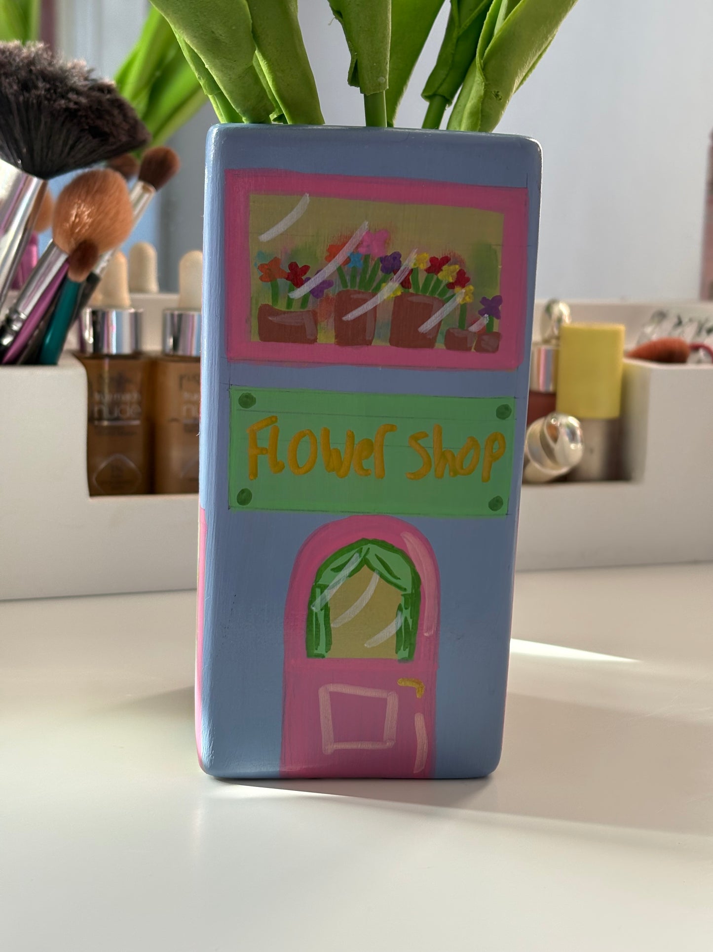 One of a Kind Lilac Purple Flower Shop Hand Painted Vase