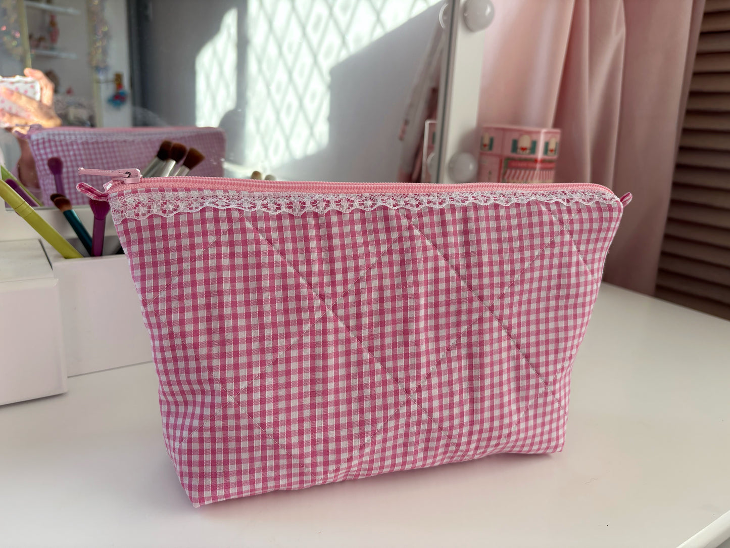 Handmade Pink Gingham Lace Makeup Bag