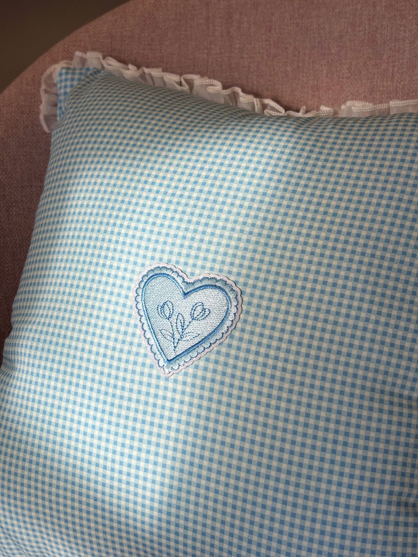 Blue Gingham and Chiffon Ruffle Cushion with Appliqué Heart