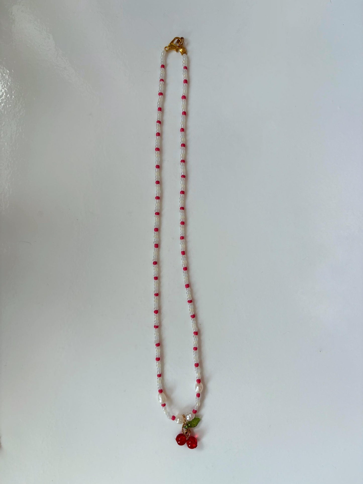 Pearl Beaded Cherry Red and White Necklace