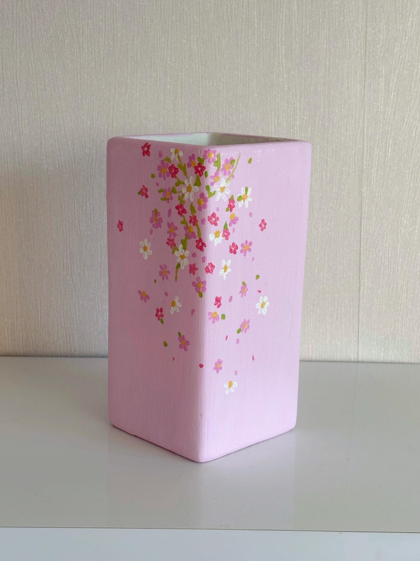 One of a Kind Pink Floral Hand Painted Vase