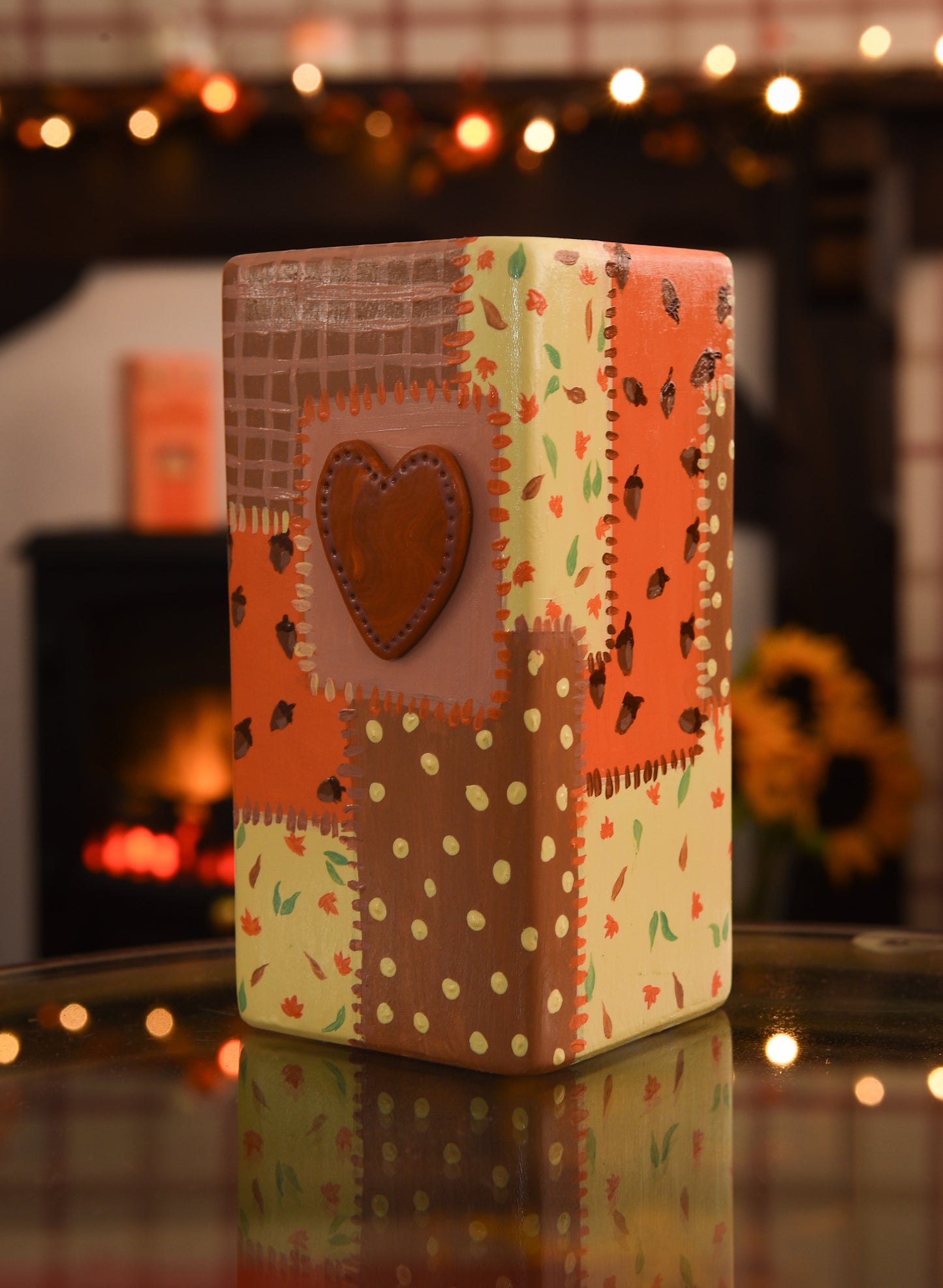 Hand painted autumn patch work quilt vase with 3d heart