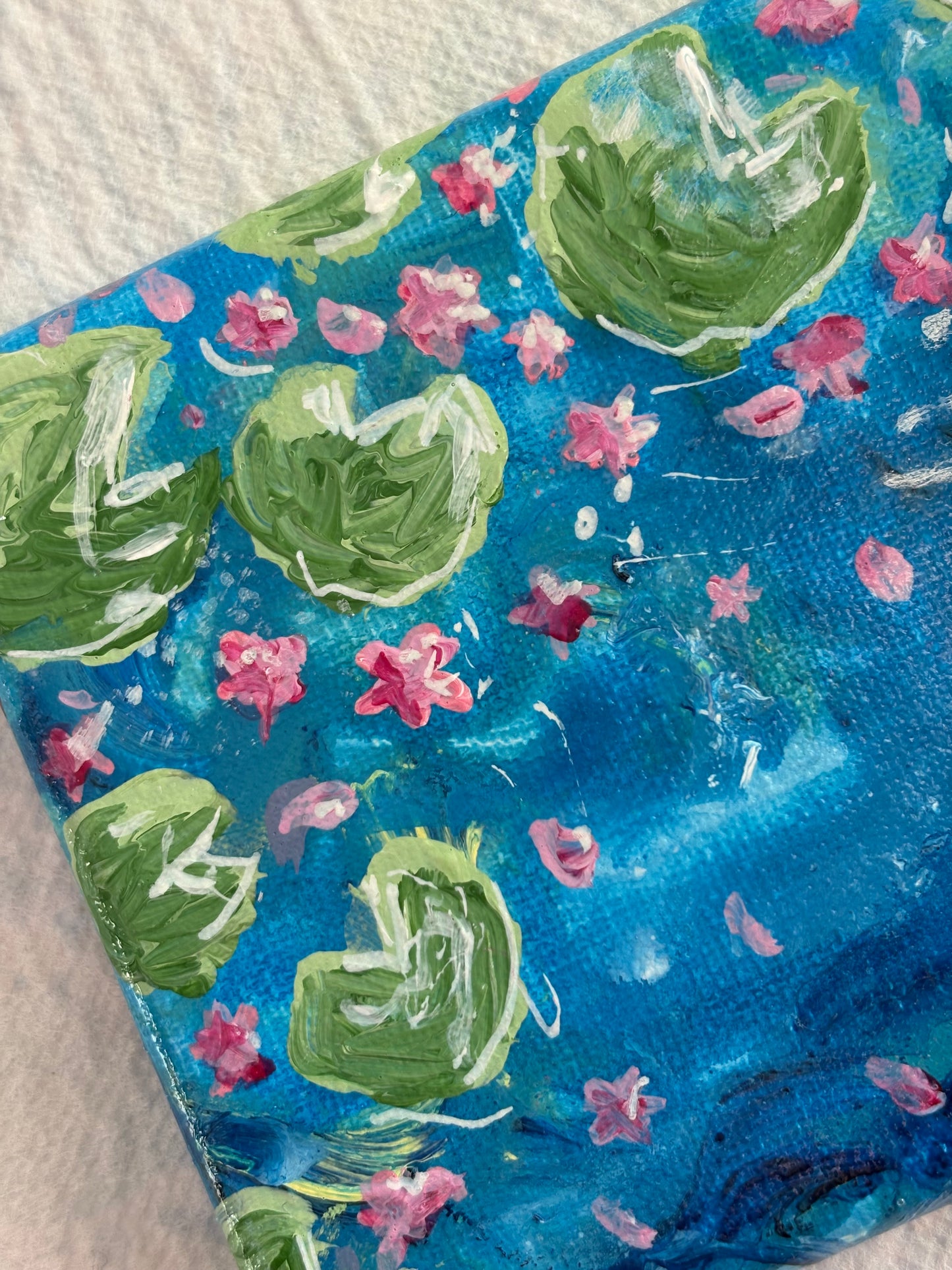 Original hand painted acrylic water and Lily pads with flowers art on canvas