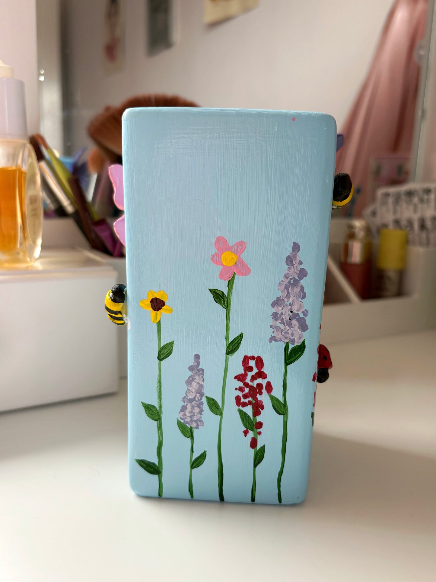 3D pastel wildlife vases, with hand painted wild flowers, clay bees, butterflies and ladybug, spring vase