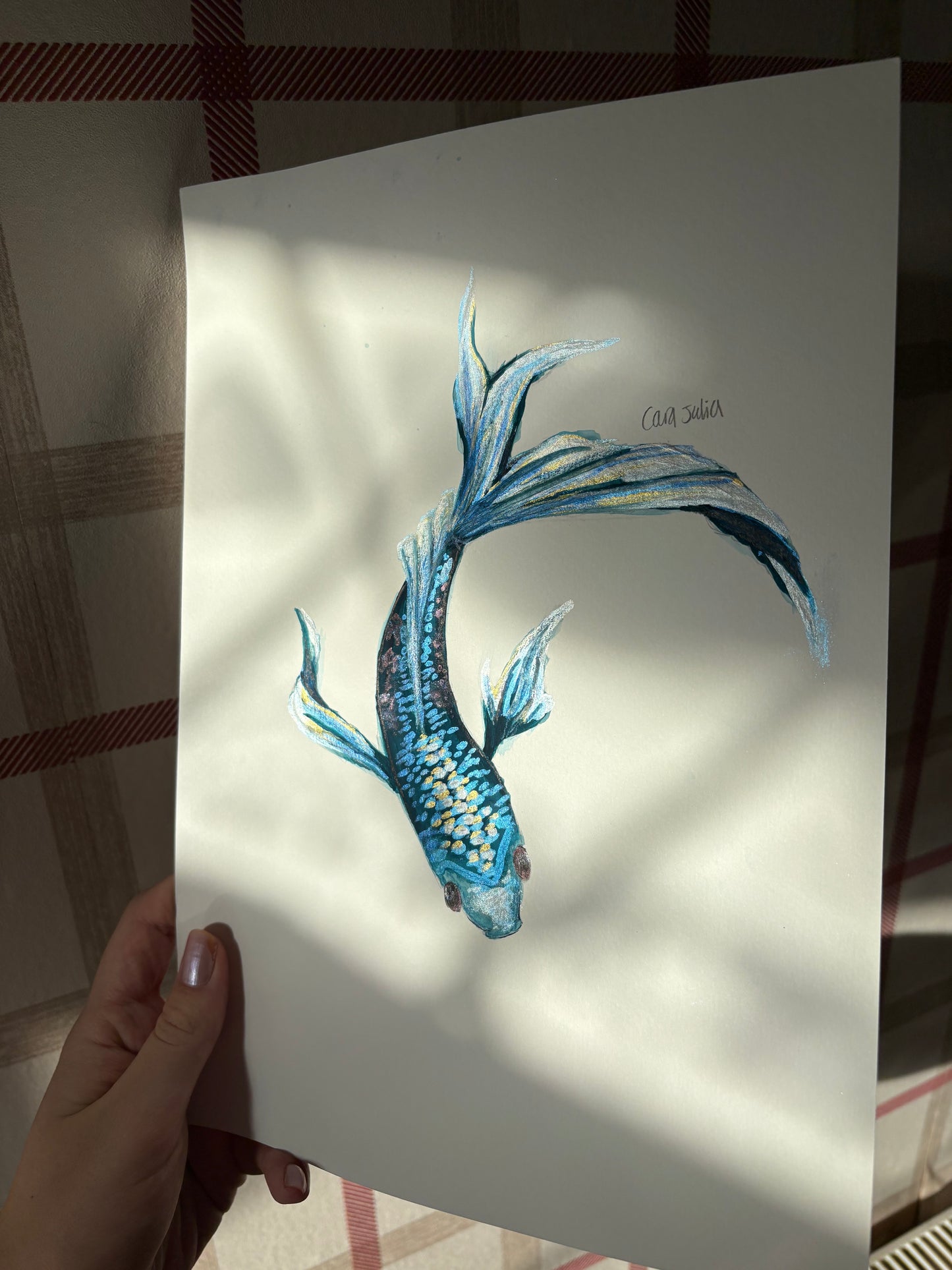 Original shimmer watercolour blue fish painting
