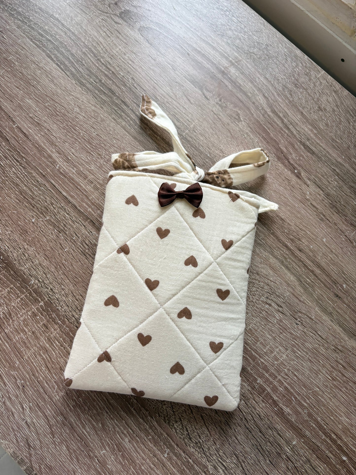 Brown heart quilted kindle sleeve with bow satin bow handmade