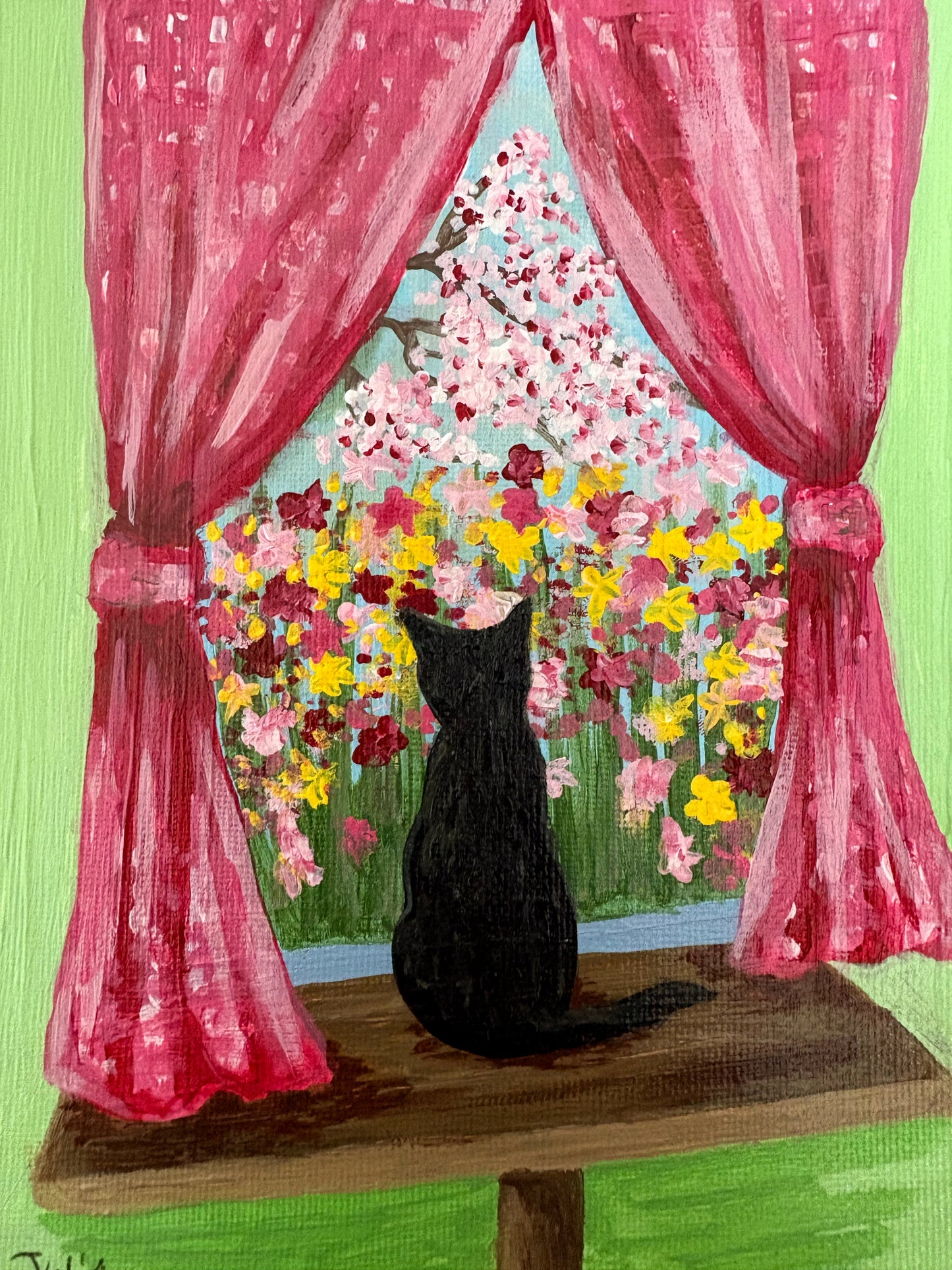 Original Acrylic Painting on Canvas, Black Cat Looking Out Window at Flowers