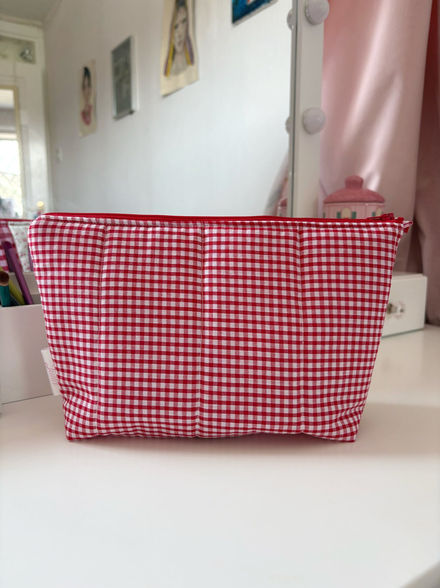 Handmade Floral Patchwork Quilted Makeup Bag with Gingham