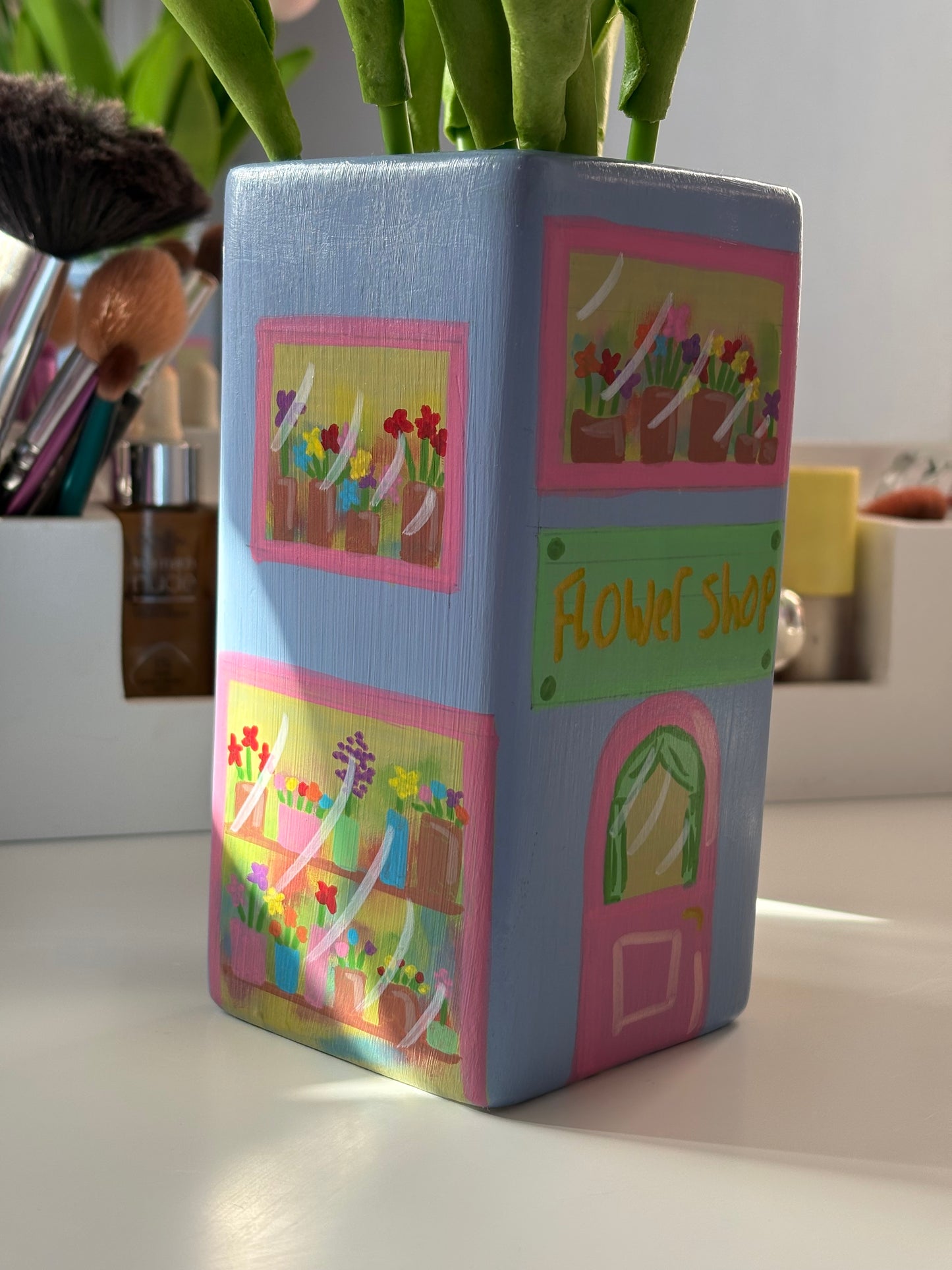 One of a Kind Lilac Purple Flower Shop Hand Painted Vase