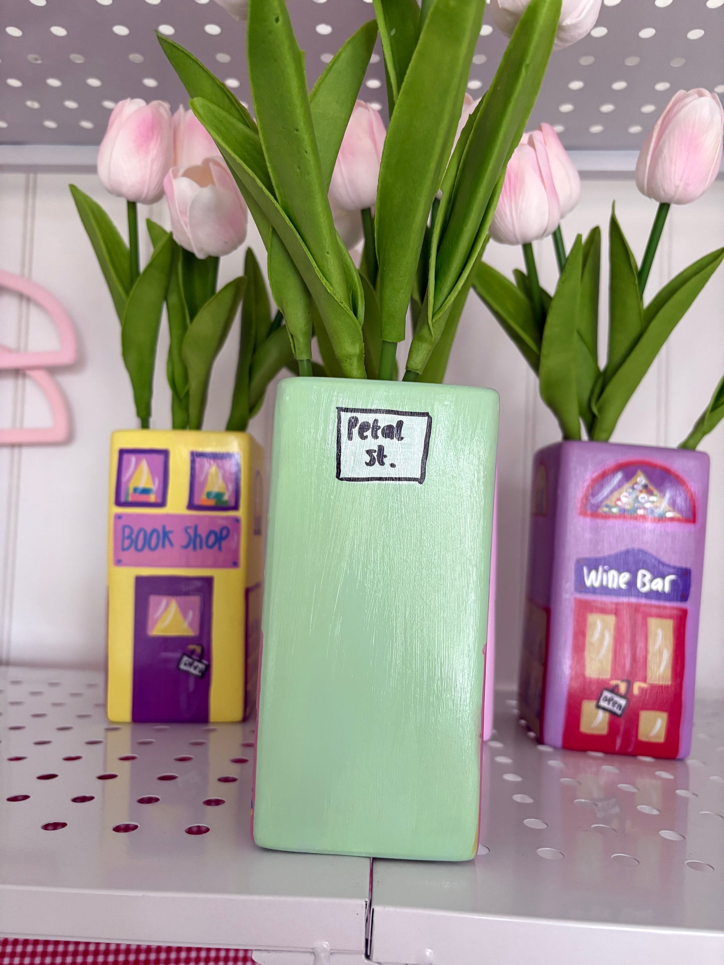 One of a Kind Pastel Green Flower Shop Hand Painted Vase