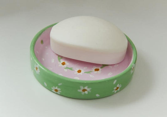 One of a Kind Pink and Green Hand Painted Floral Trinket Soap Dish