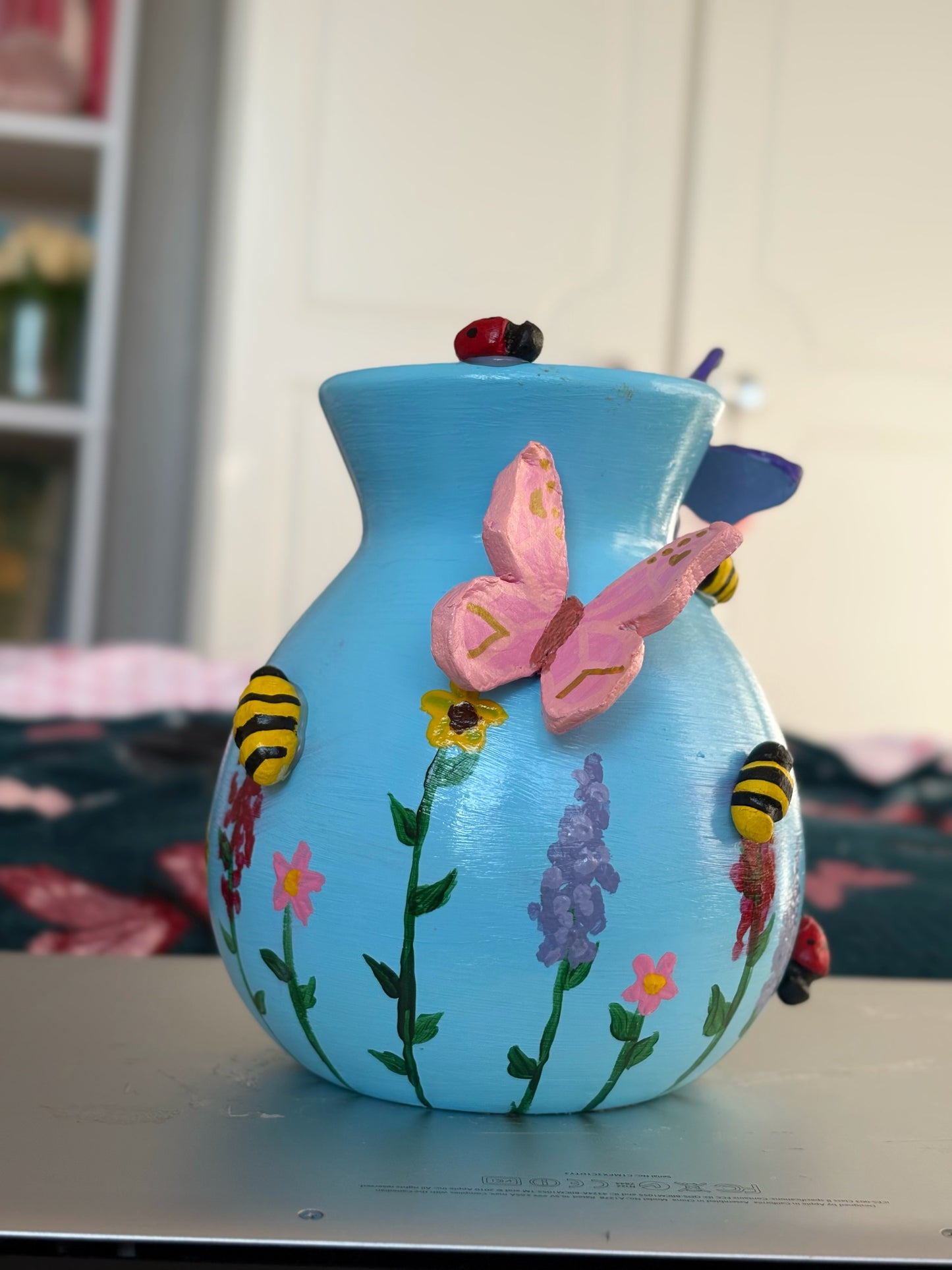 Pastel Wildlife Bulb Vase with Hand Painted Flowers and Clay Bees, Butterflies and Ladybugs