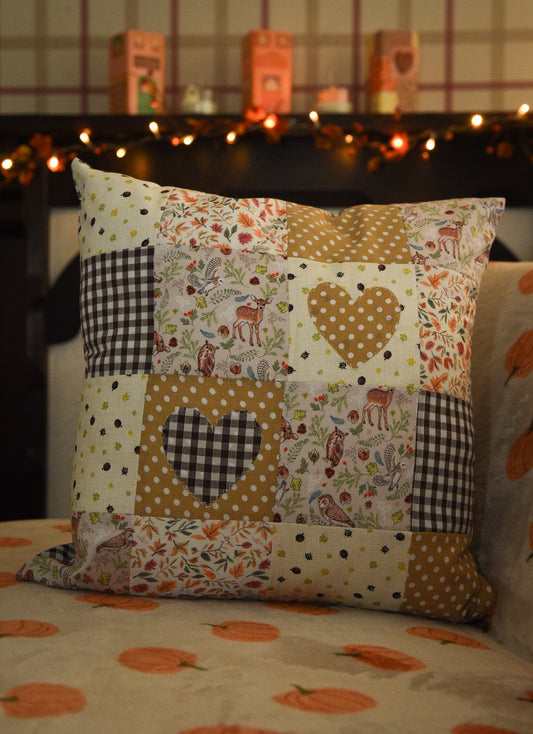 Handmade Autumn Heart Appliqué Patchwork Cushion