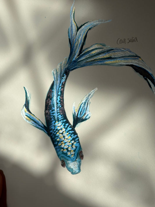 Original shimmer watercolour blue fish painting