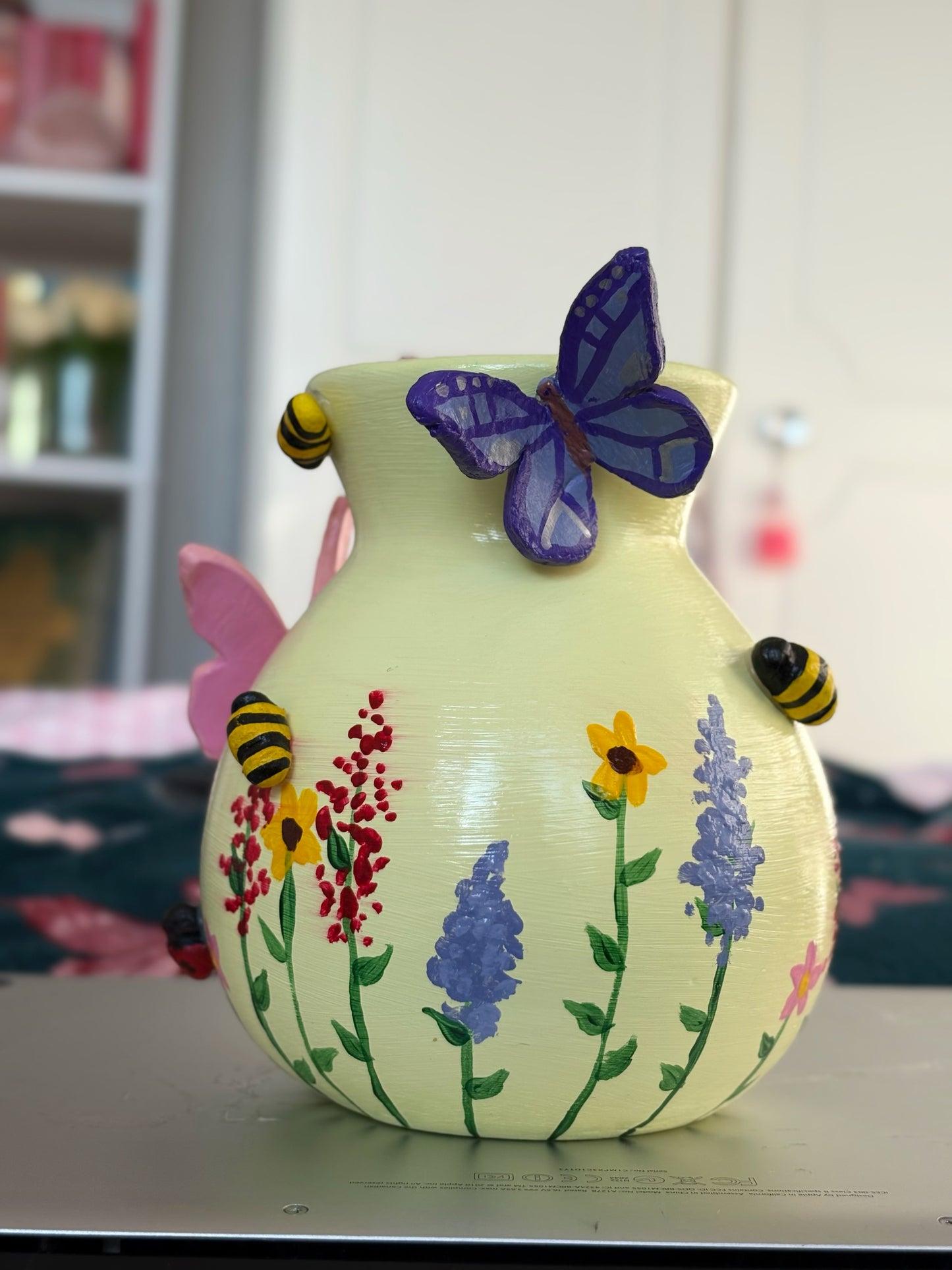 Pastel Wildlife Bulb Vase with Hand Painted Flowers and Clay Bees, Butterflies and Ladybugs