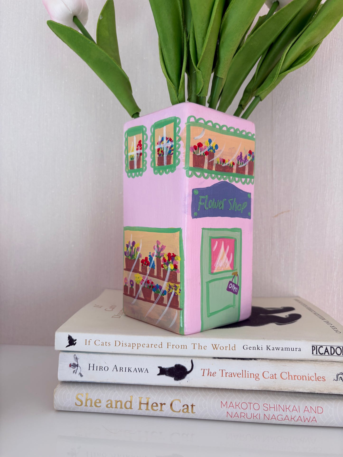 One of a Kind Pink Flower Shop Hand Painted Vase