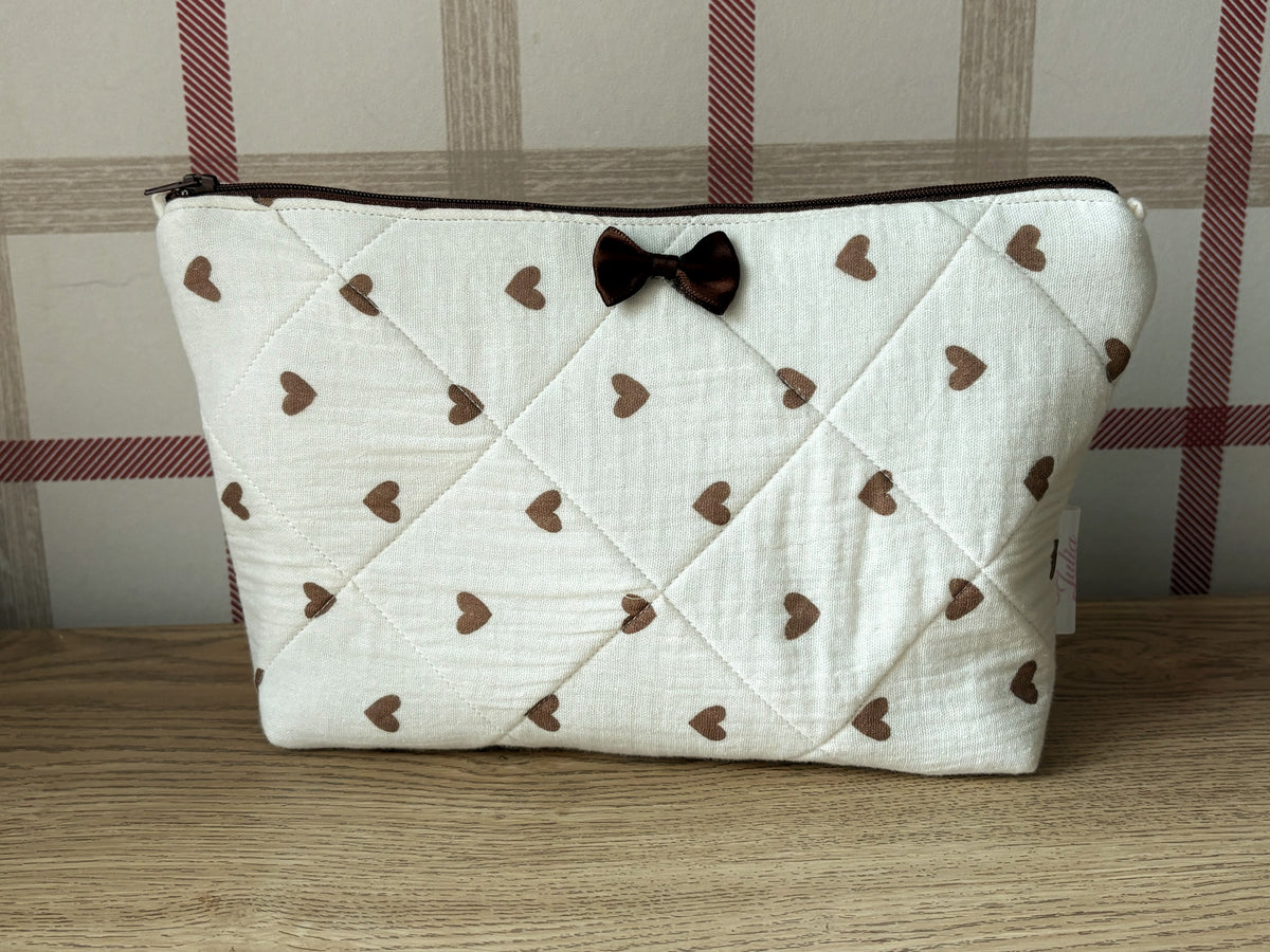 Handmade Brown Heart and Bear Quilted Makeup Bag