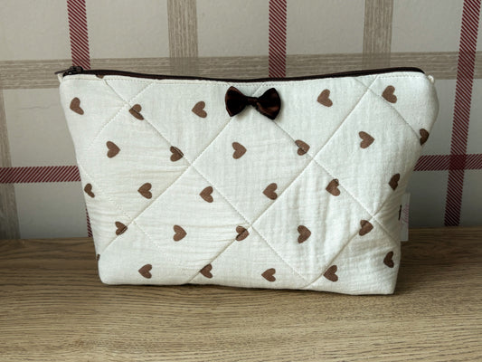 Handmade Brown Heart and Bear Quilted Makeup Bag
