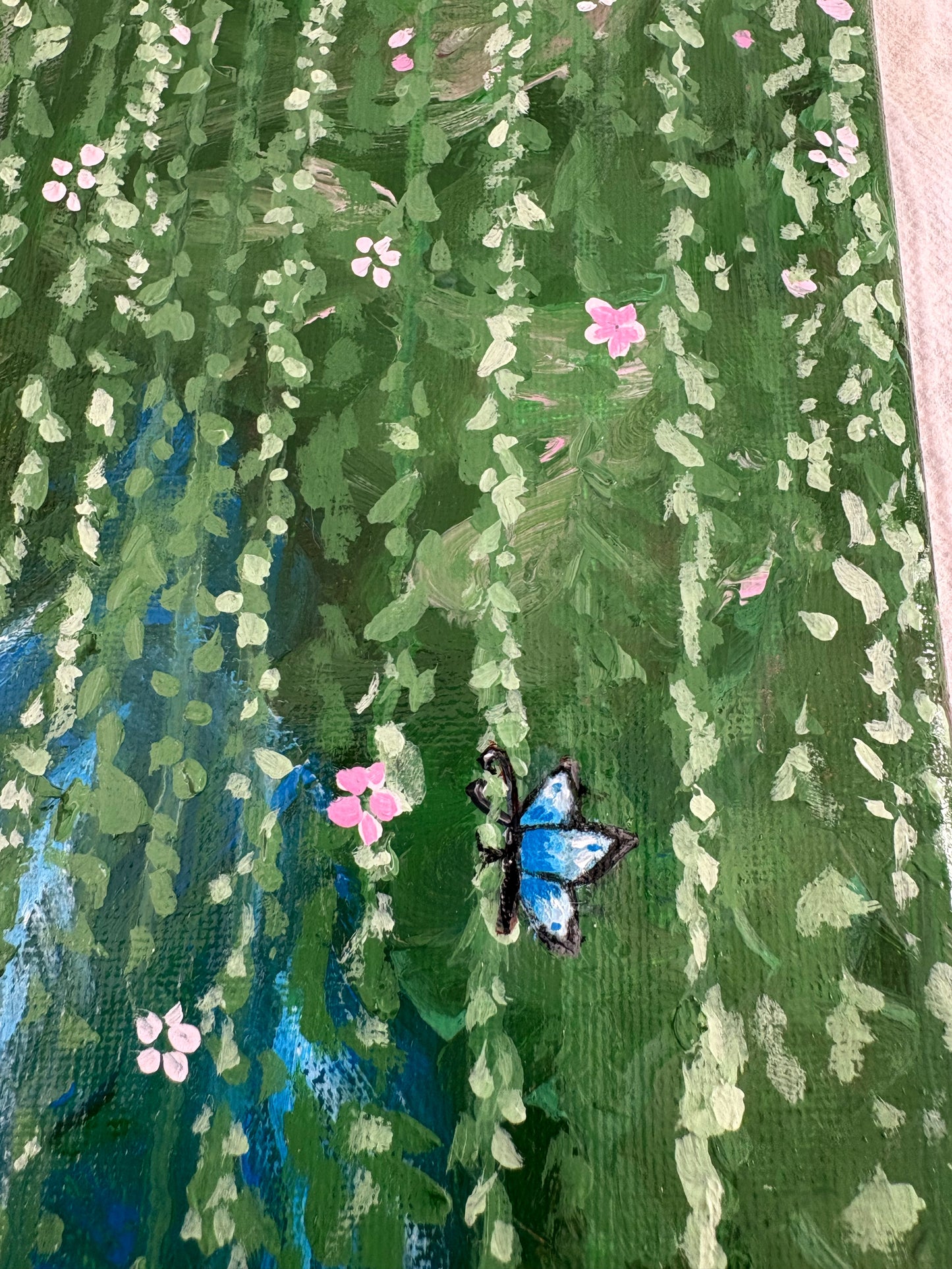 Original hand painted acrylic forest art with lake and butterfly on canvas