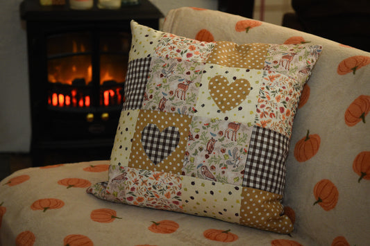 Handmade Autumn Heart Appliqué Patchwork Cushion