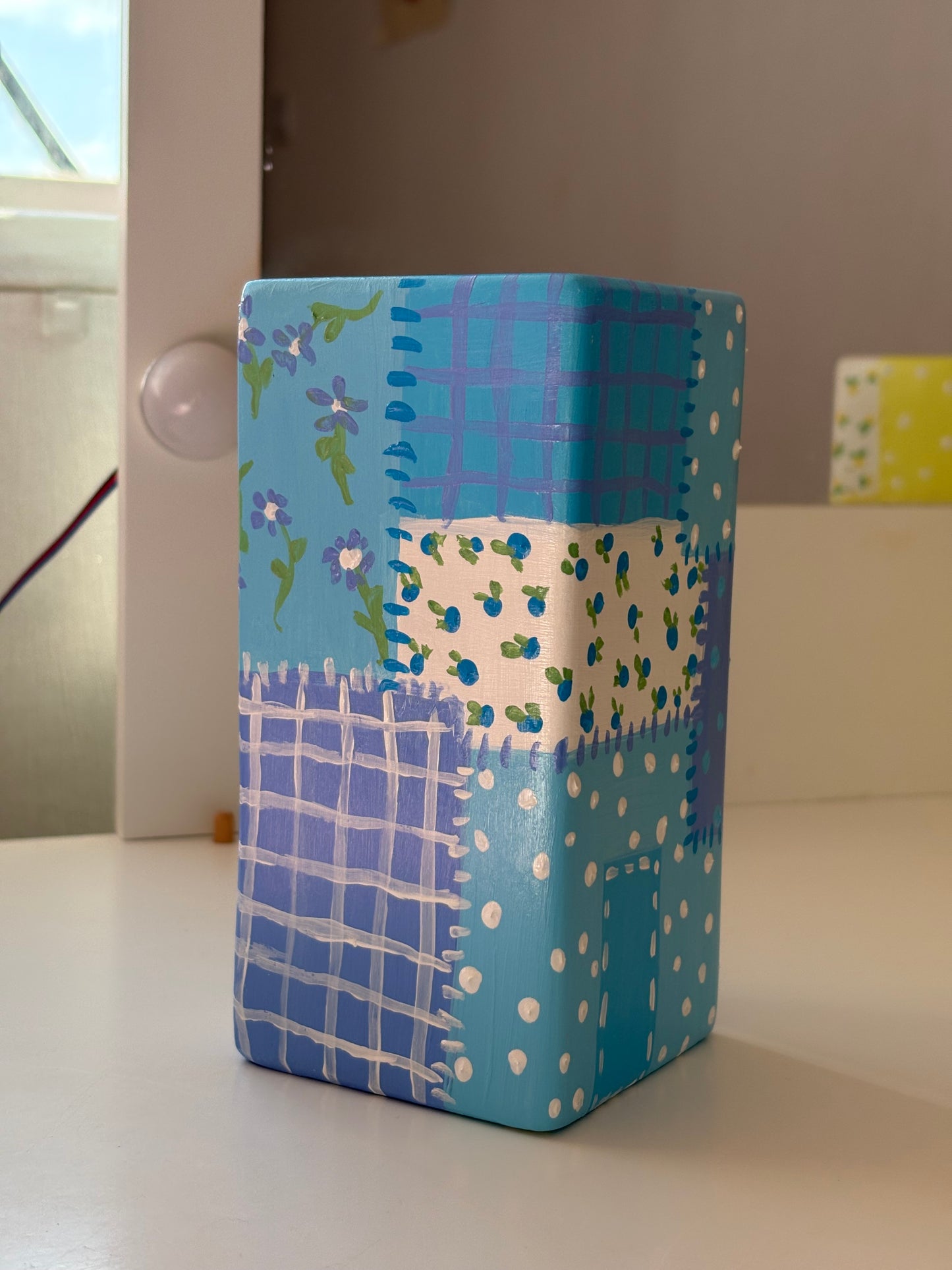 Hand painted patch work quilt vase with 3d heart and floral patterns