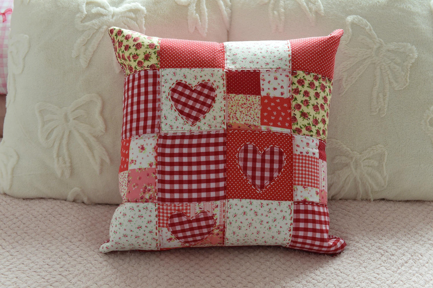 Handmade Red Heart Patchwork Cushion