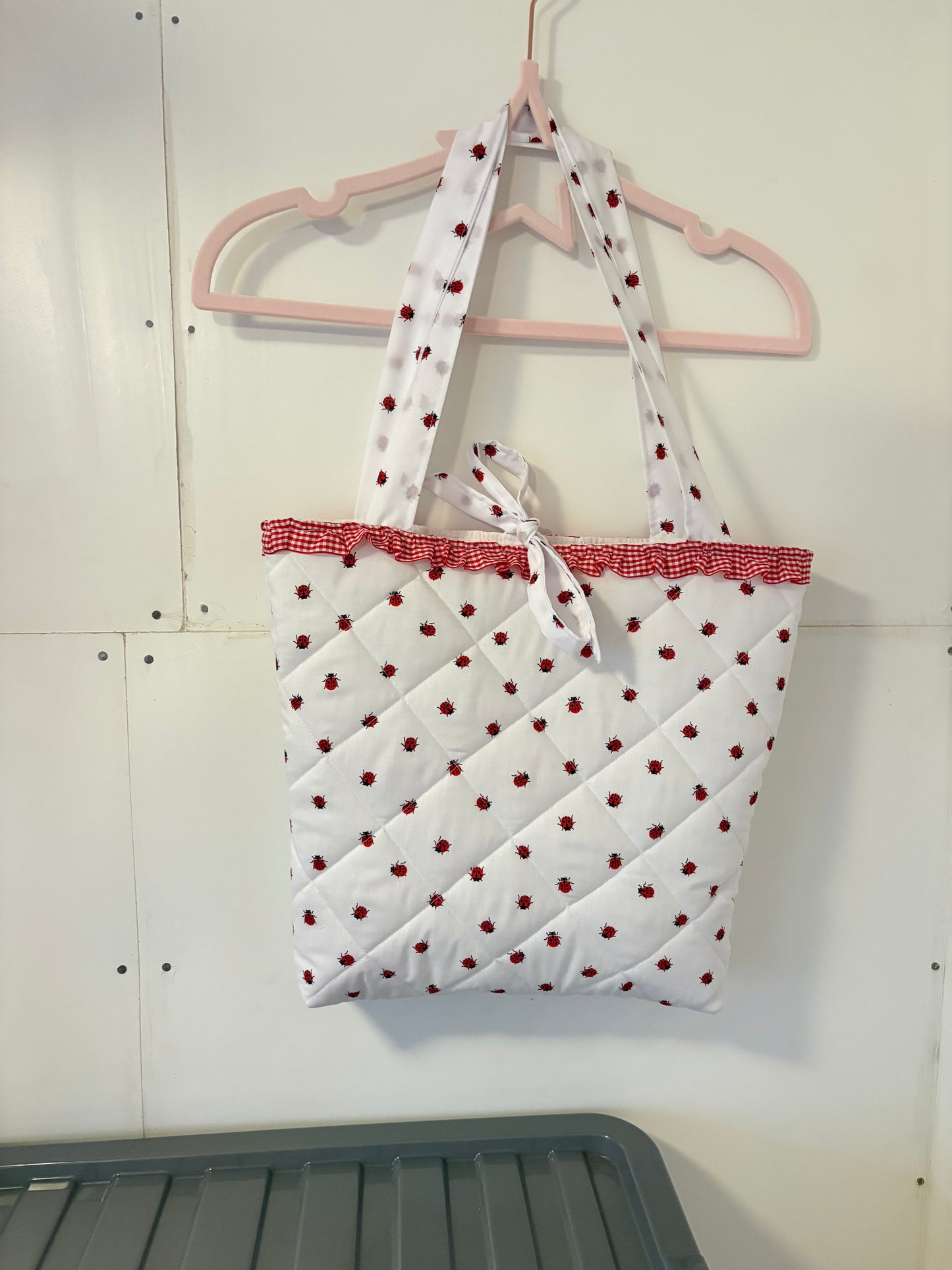 Red and White Quilted Ladybug Ruffle Tote Bag
