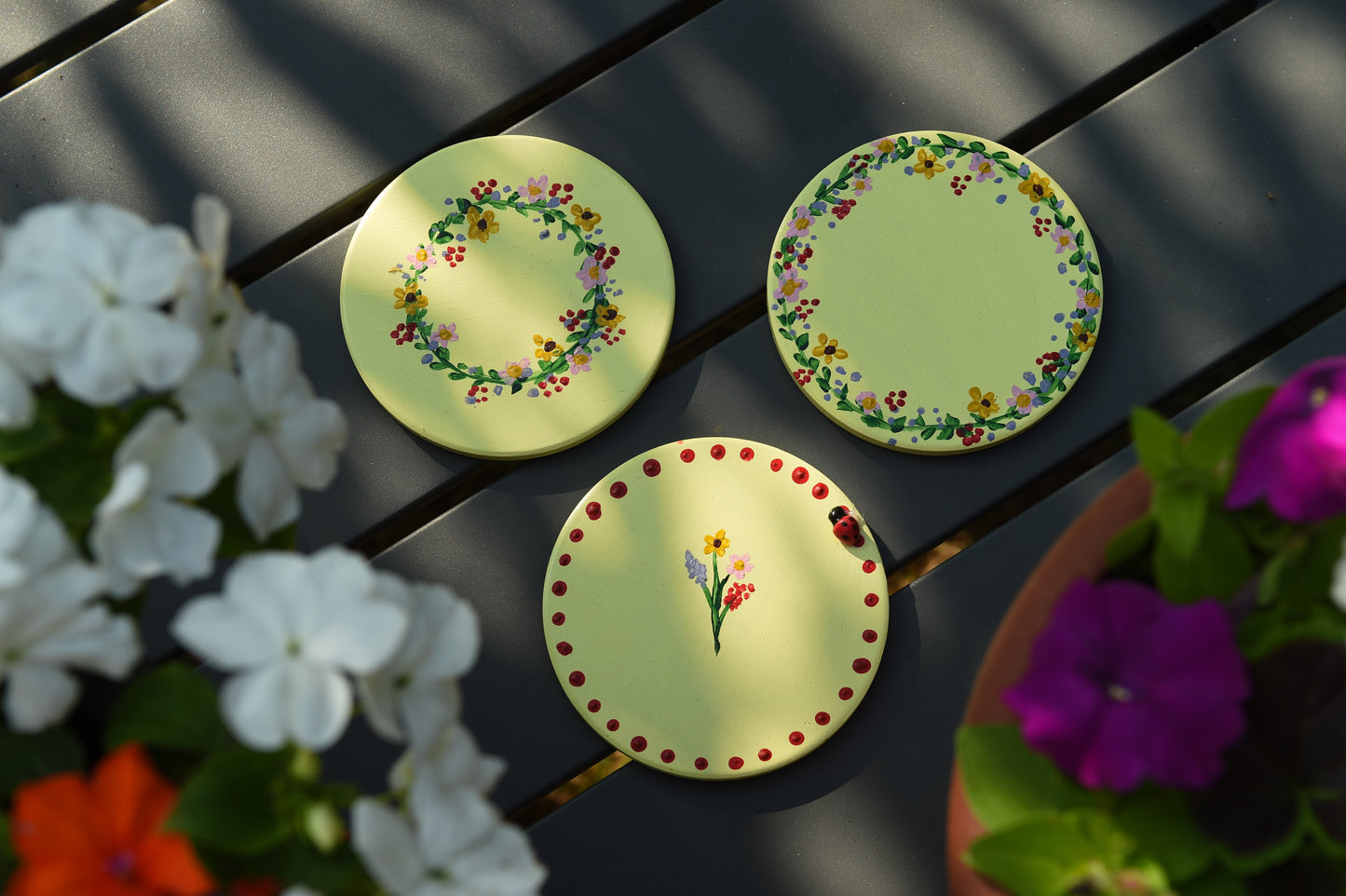 3D pastel wildlife vases with matching coasters. Hand painted wild flowers, clay bees, butterflies and ladybug, spring ceramic set.