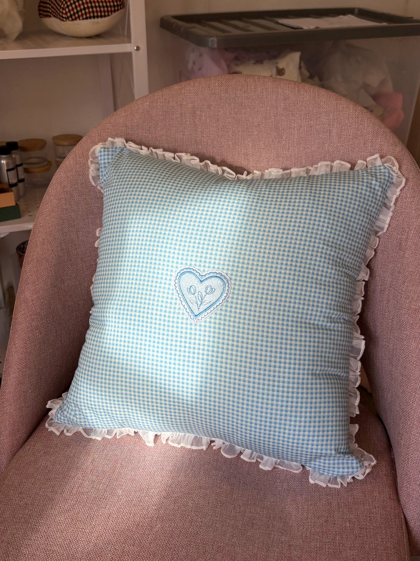 Blue Gingham and Chiffon Ruffle Cushion with Appliqué Heart
