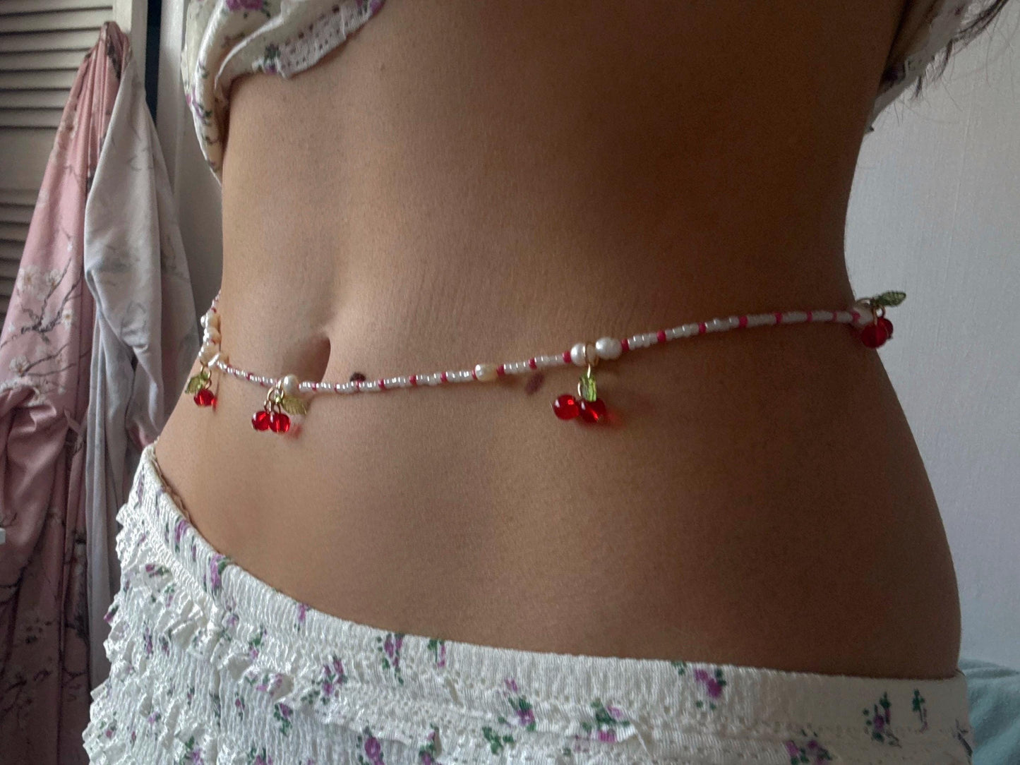 Cherry Red and White Pearl Waist Beads Waist Chain