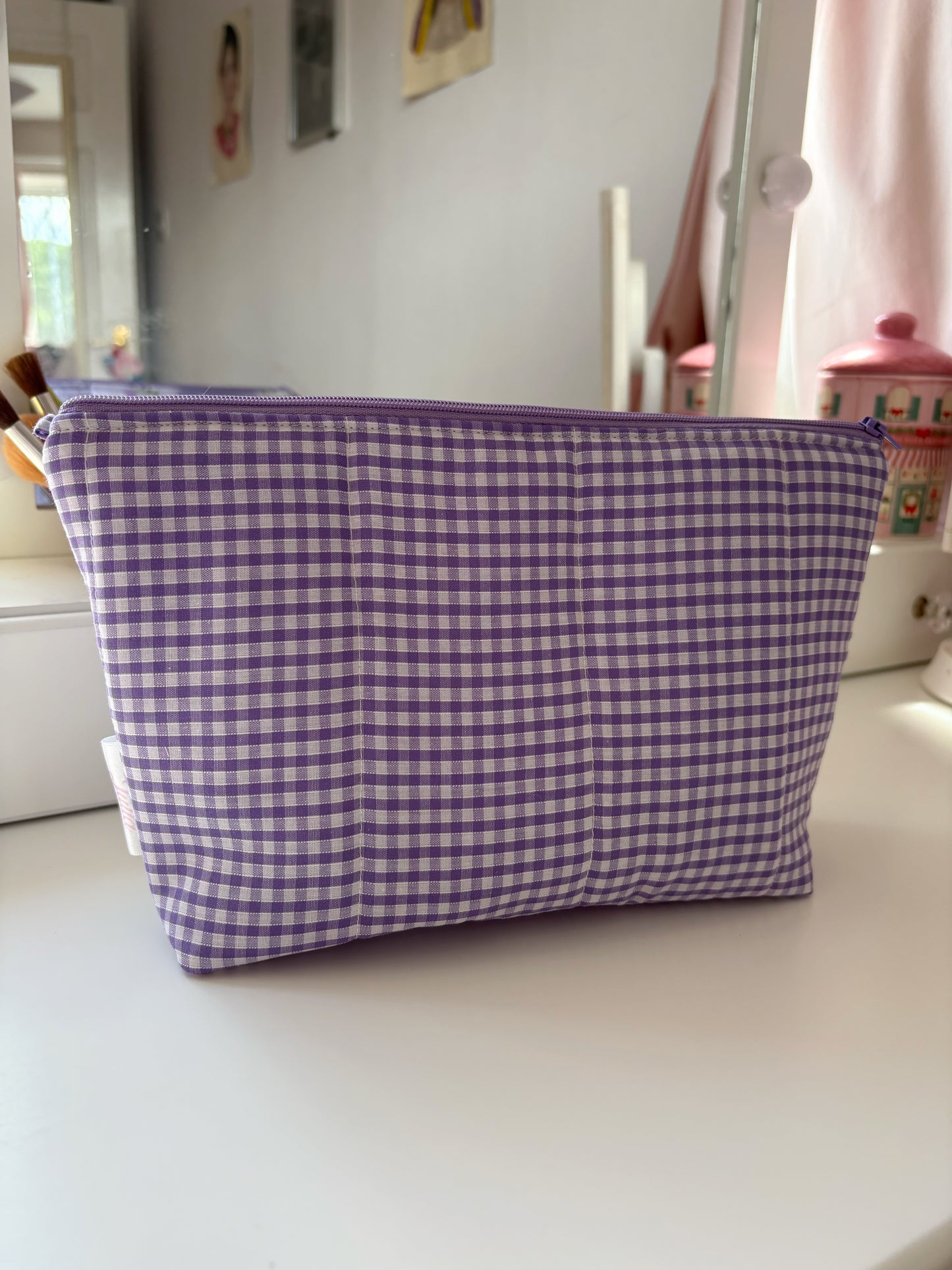 Handmade Floral Patchwork Quilted Makeup Bag with Gingham