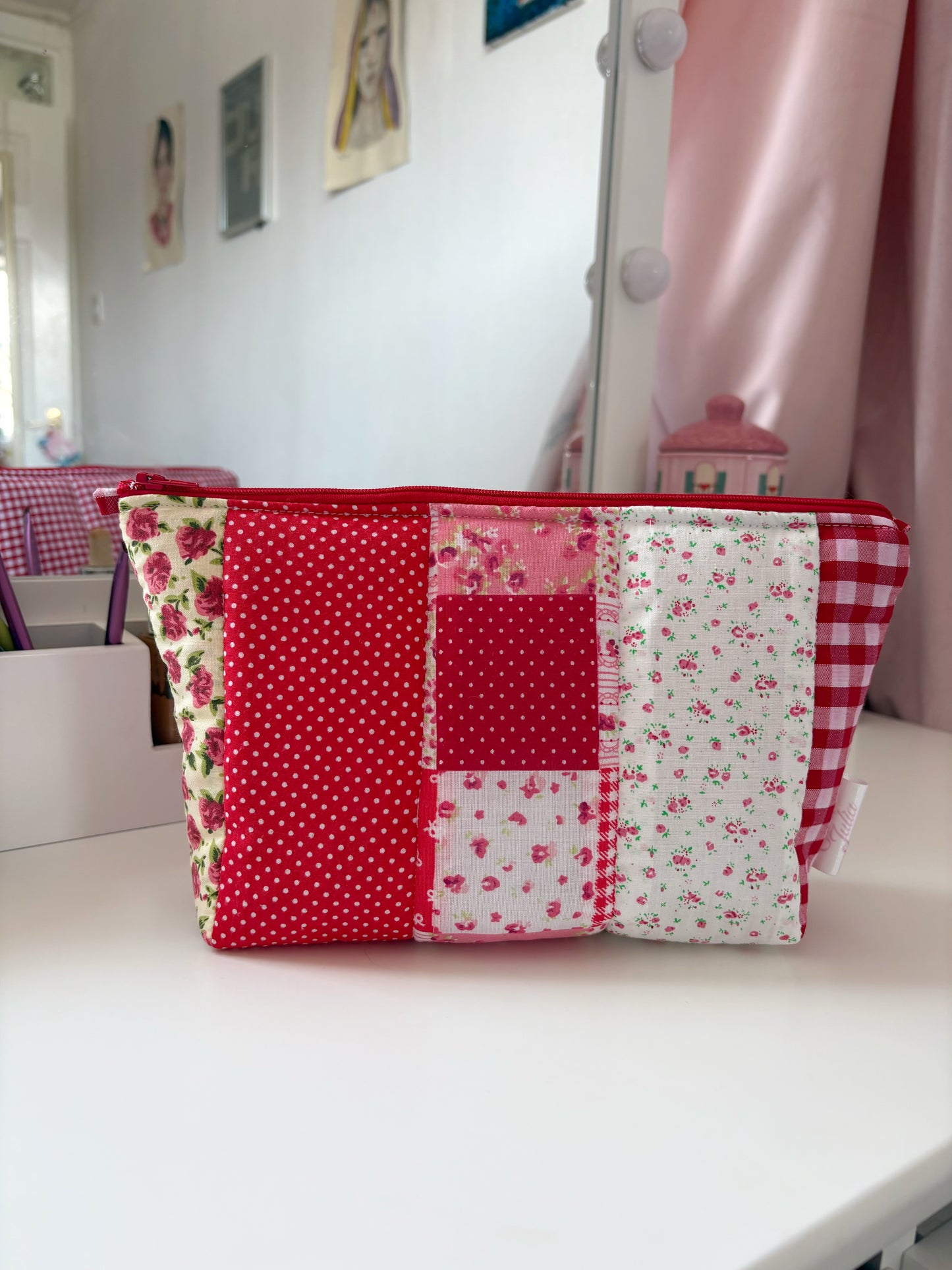 Handmade Floral Patchwork Quilted Makeup Bag with Gingham