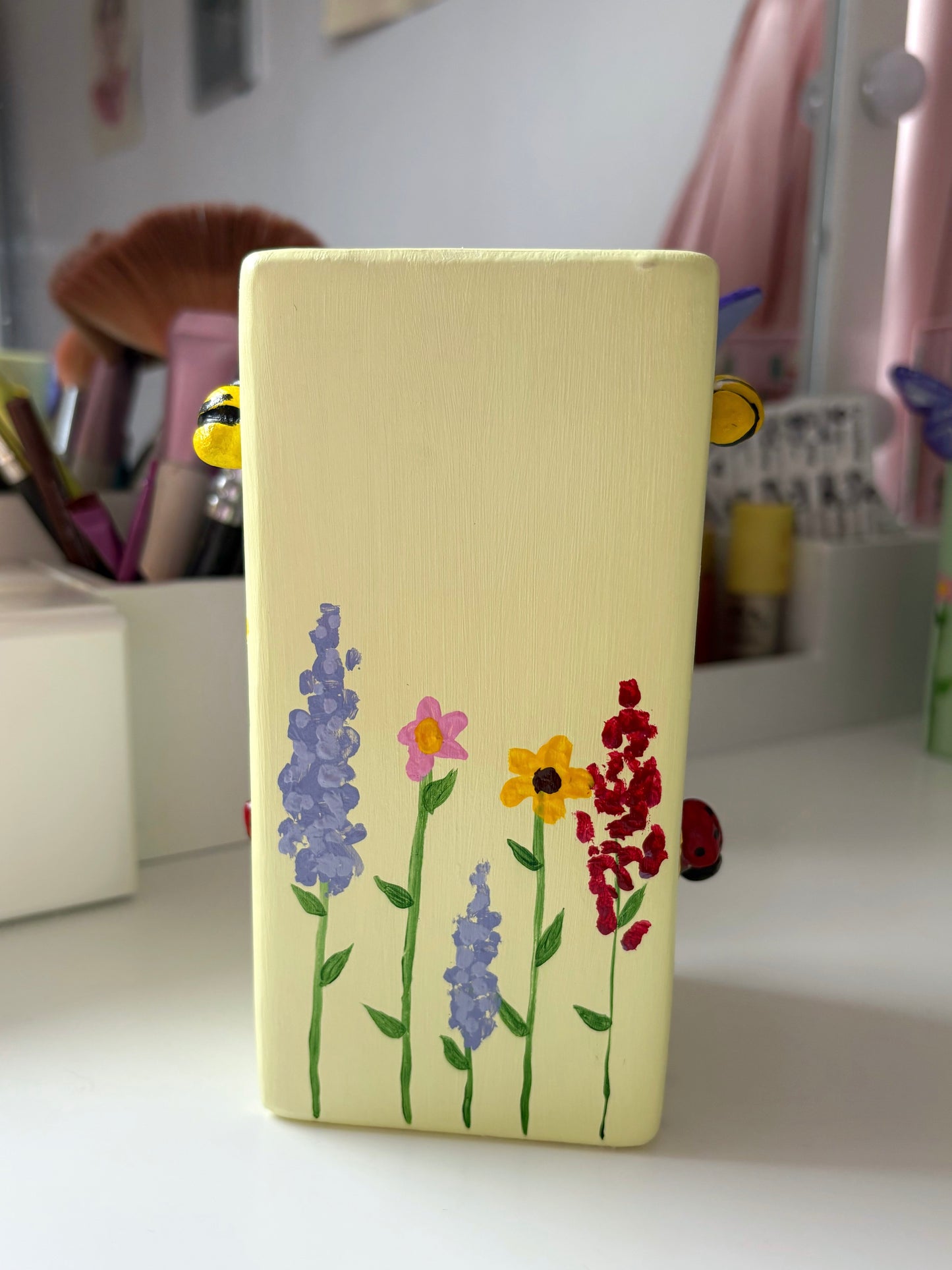 3D pastel wildlife vases, with hand painted wild flowers, clay bees, butterflies and ladybug, spring vase