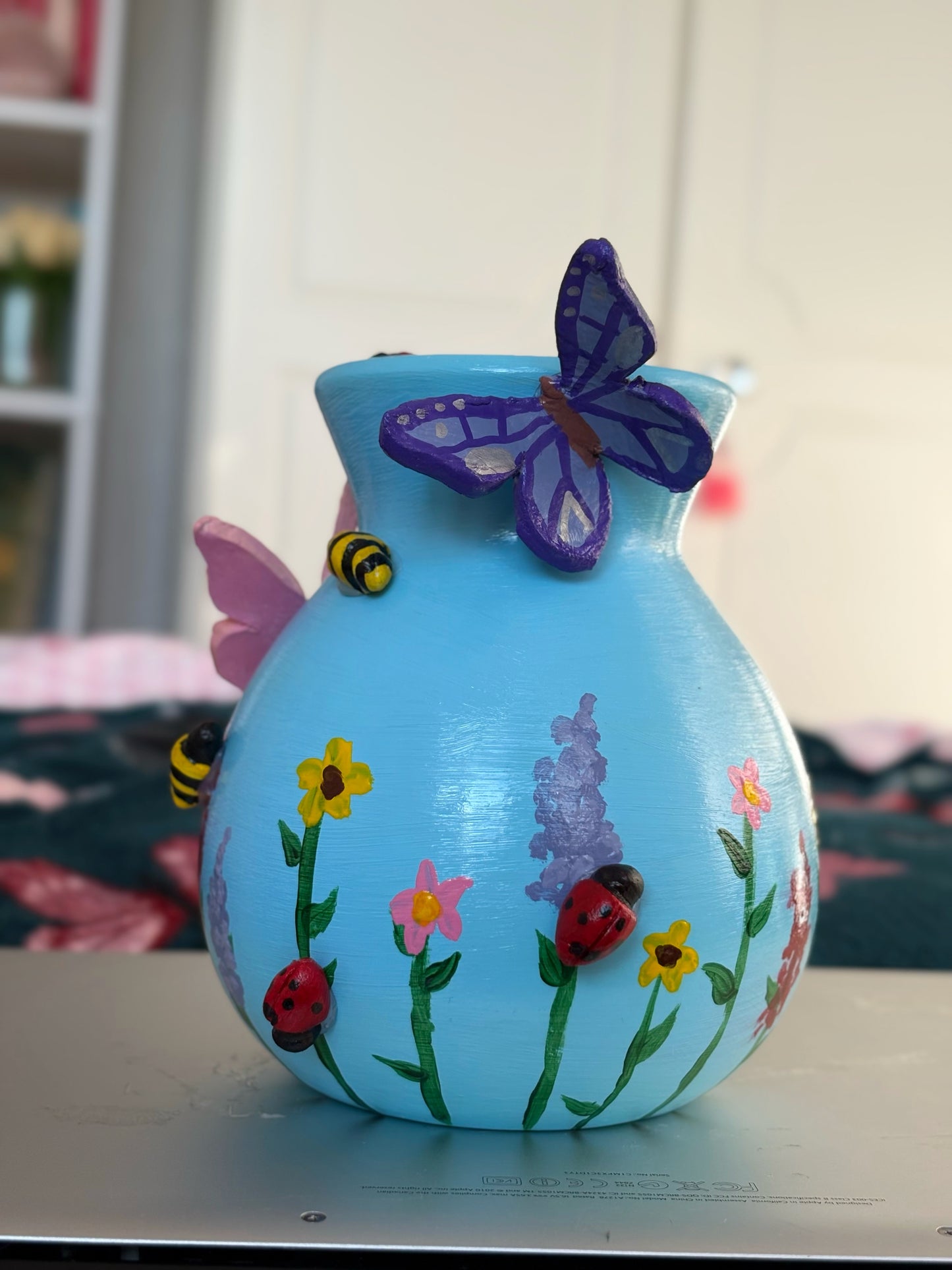 Pastel Wildlife Bulb Vase with Hand Painted Flowers and Clay Bees, Butterflies and Ladybugs