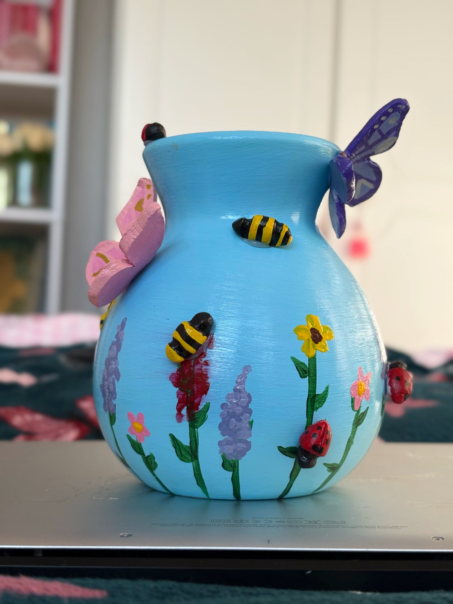 Pastel Wildlife Bulb Vase with Hand Painted Flowers and Clay Bees, Butterflies and Ladybugs