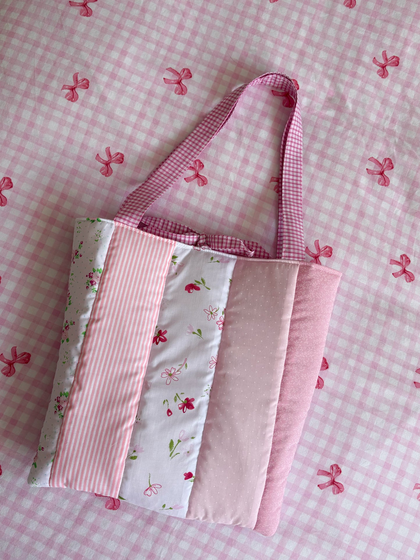 Floral Patchwork Quilted Tote Bag with Gingham